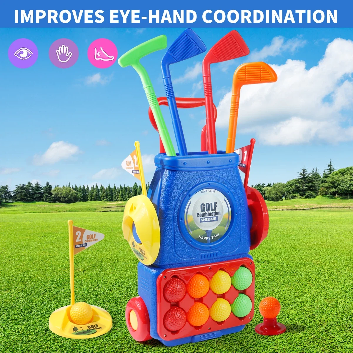 Kids Indoor Outdoor Cart - MQUDUO Golfputtingset voor kinderen met rolwagen,