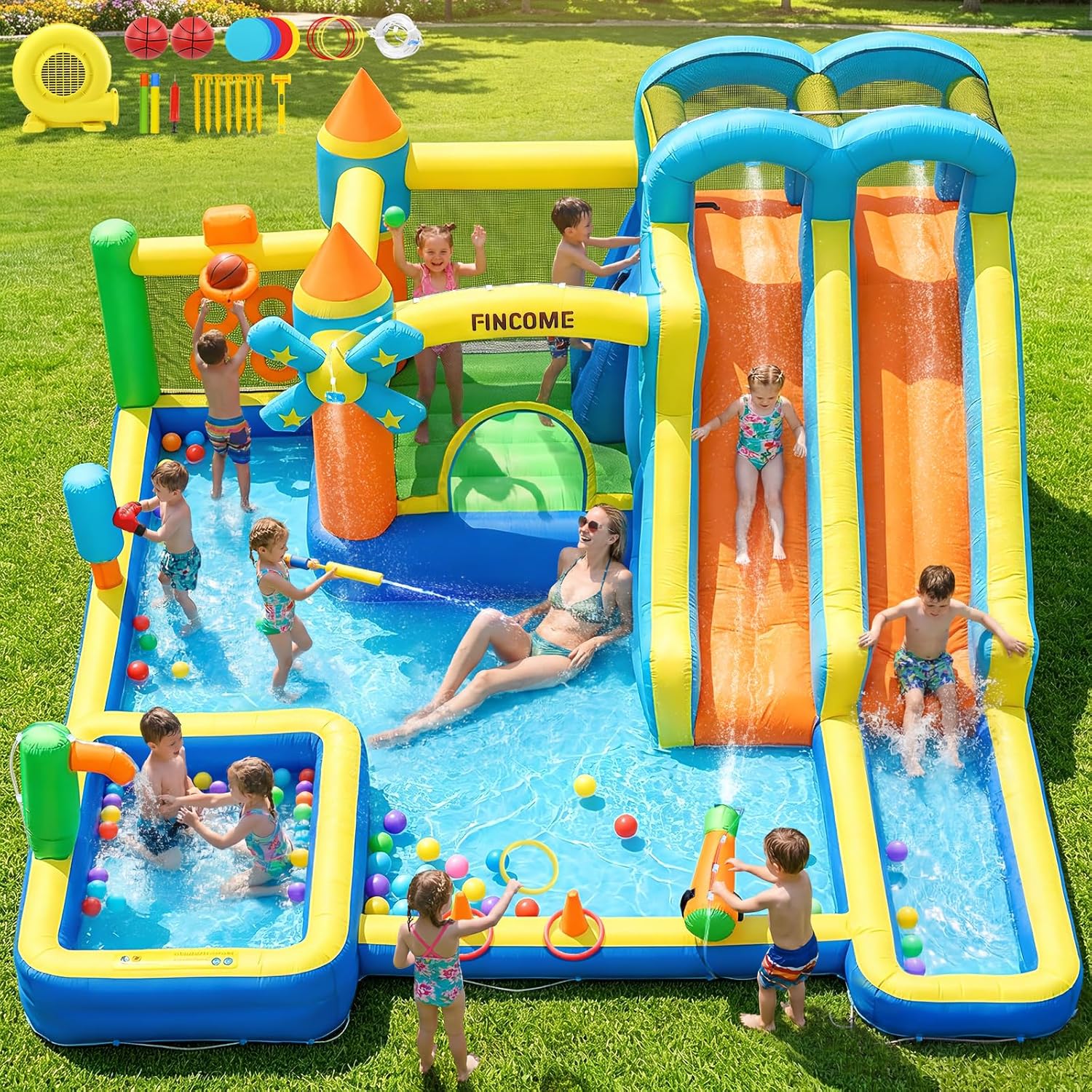 Kids Outdoor Climbing Wall - 10-in-1 Opblaasbare springkasteel met dubbele waterglijbanen,