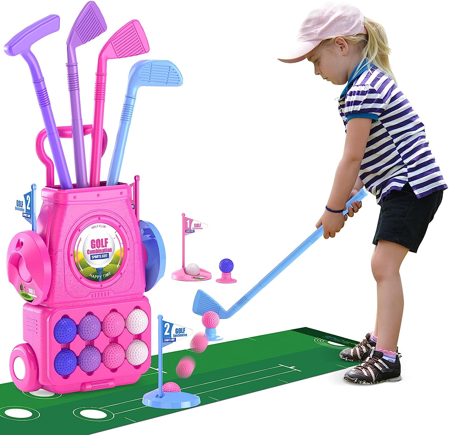 Kids Indoor Outdoor Cart - Roze golfclubset voor kinderen met putmat