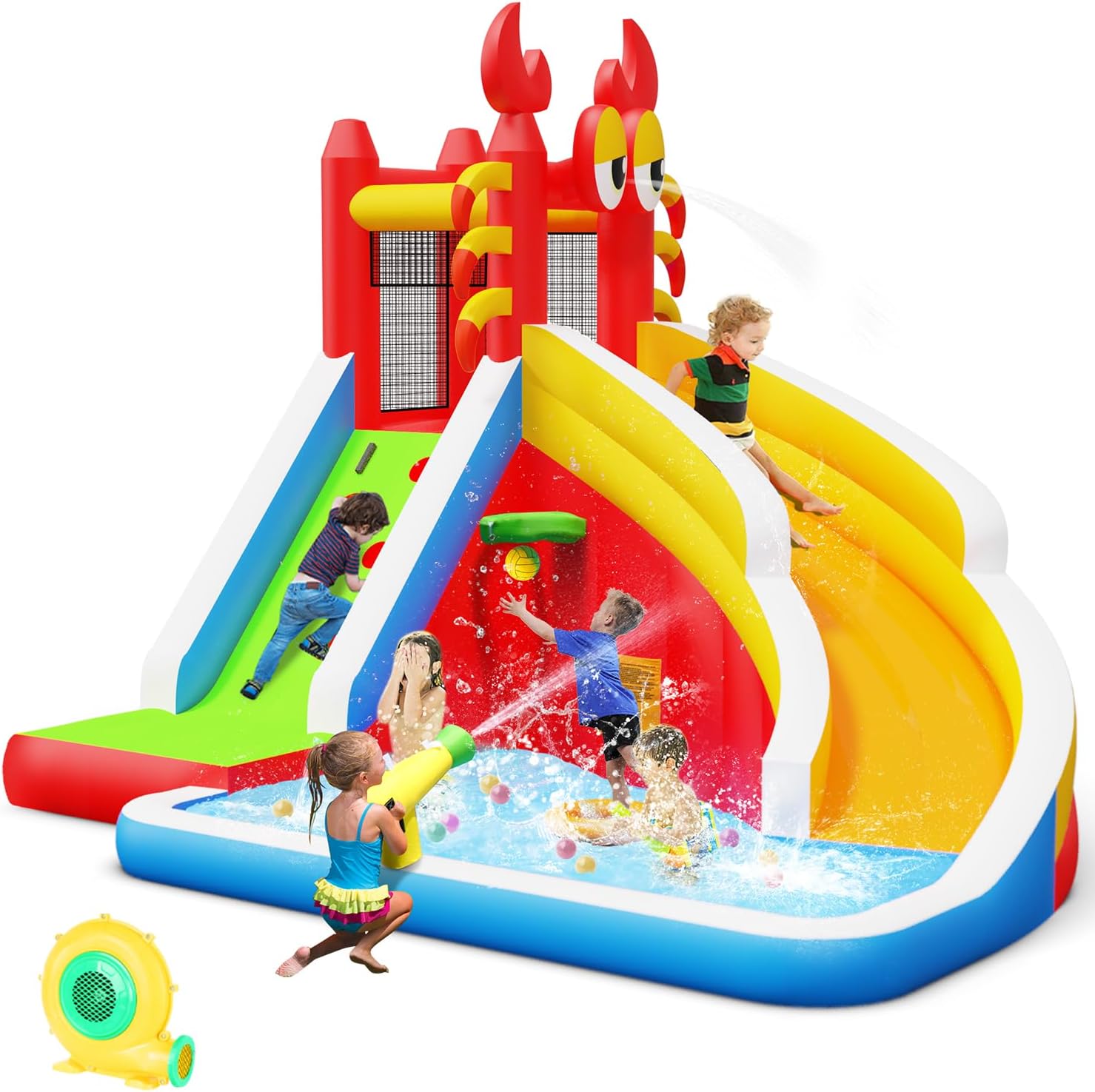 Kids Outdoor Climbing Wall - Grote opblaasbare springkasteel met waterglijbaan voor